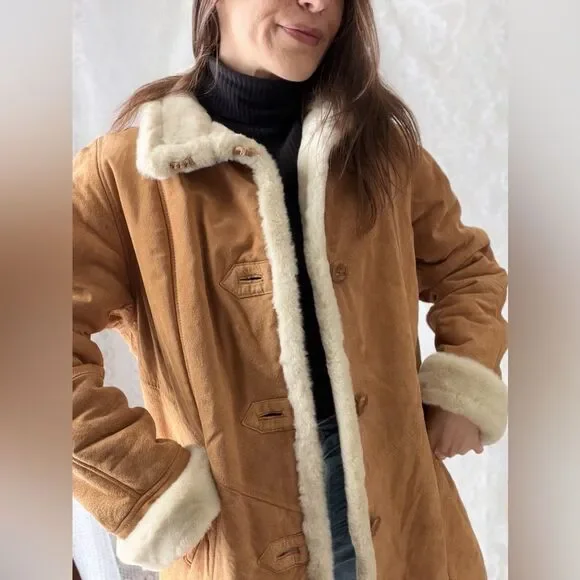Vintage 90s Faux Shearling Gallery Caramel Winter Coat Warm Lined Medium - Picture 2 of 12
